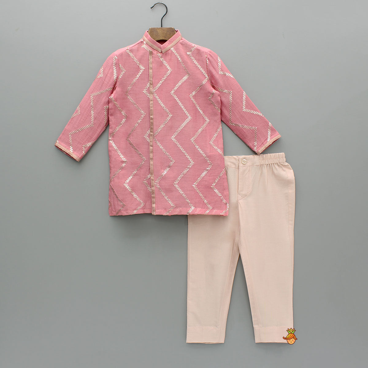 Chevron-Embroidered Pink Kurta And Pant