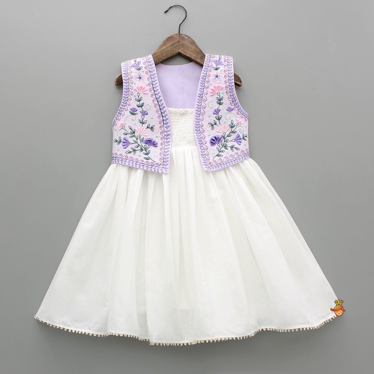White Smocked Strappy Dress With Embroidered Waistcoat