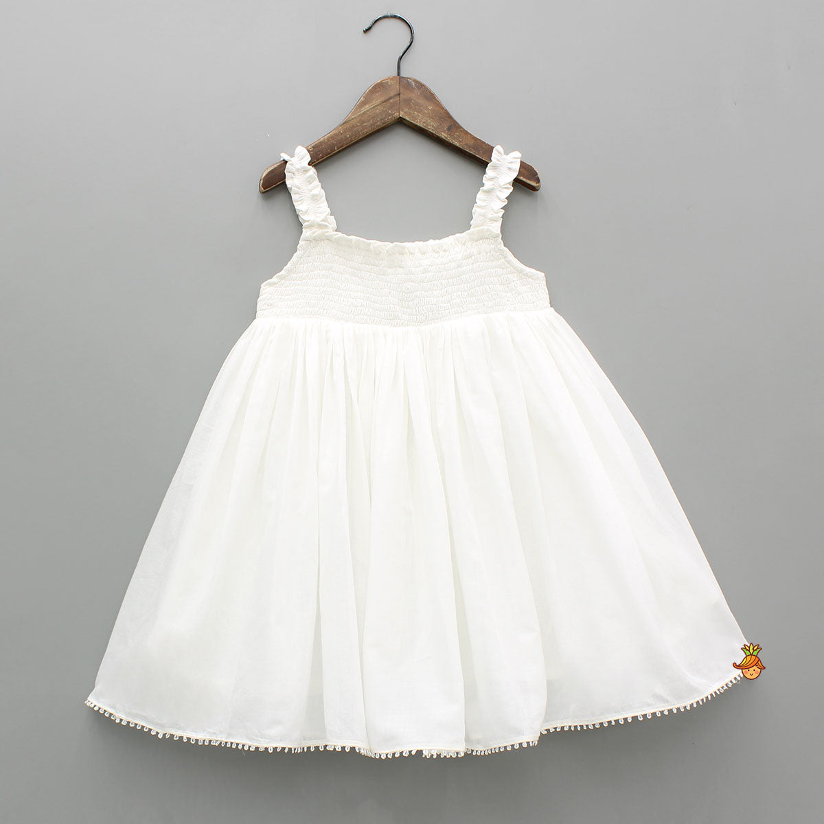 White Smocked Strappy Dress With Embroidered Waistcoat