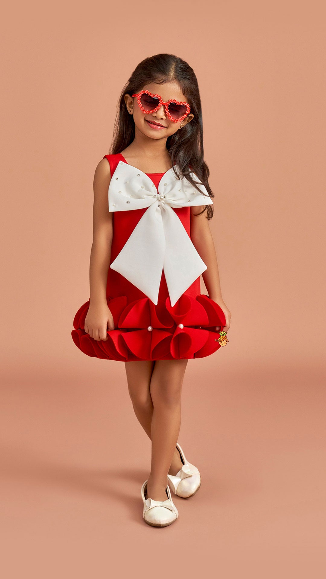 Red Ruffle Hem Dress With Bow Adornment