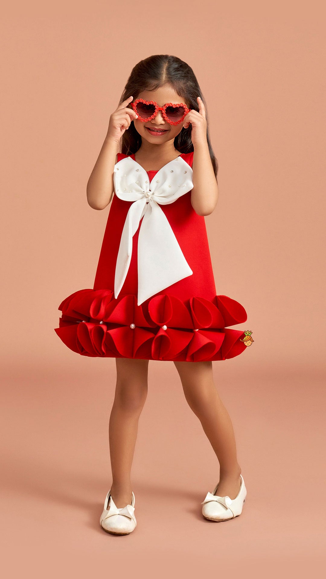 Red Ruffle Hem Dress With Bow Adornment