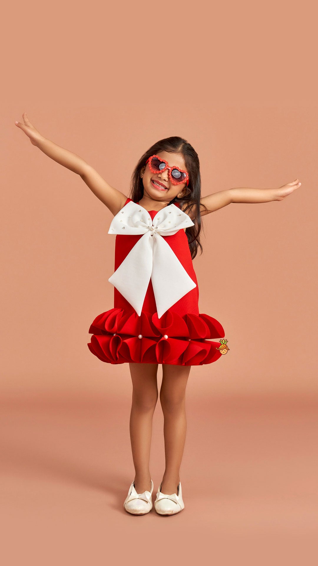 Red Ruffle Hem Dress With Bow Adornment