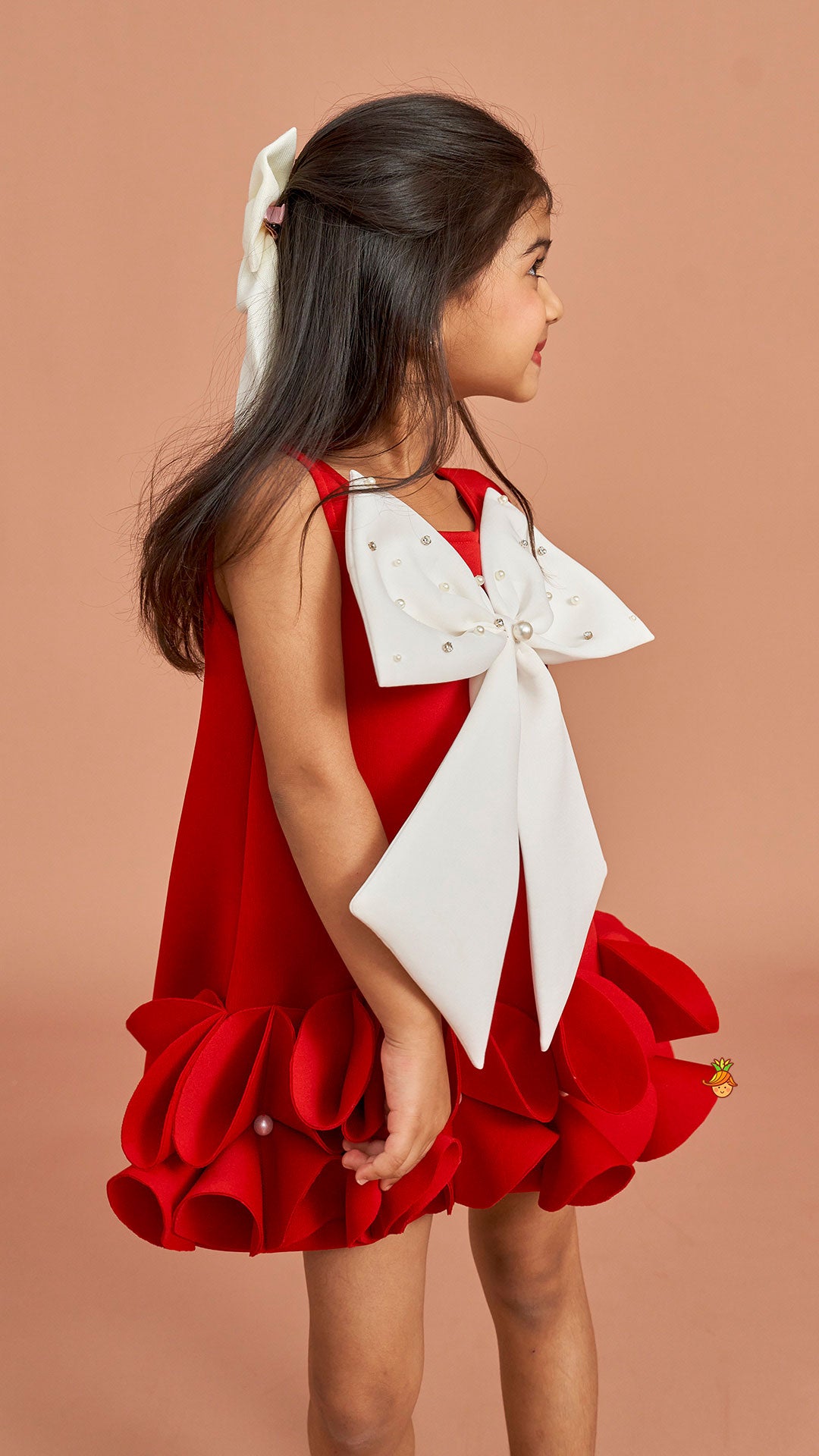 Red Ruffle Hem Dress With Bow Adornment