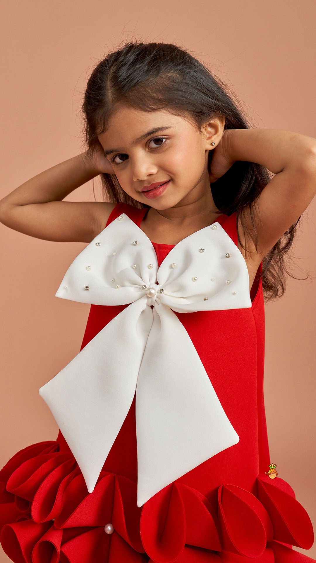 Red Ruffle Hem Dress With Bow Adornment