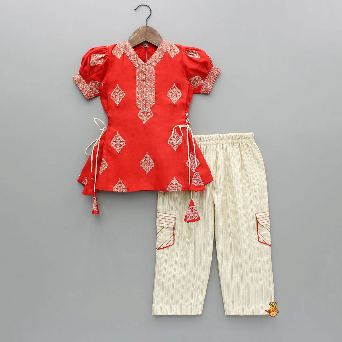 V-Neck Embroidered Red Top And Patch Pocket Detail Pant
