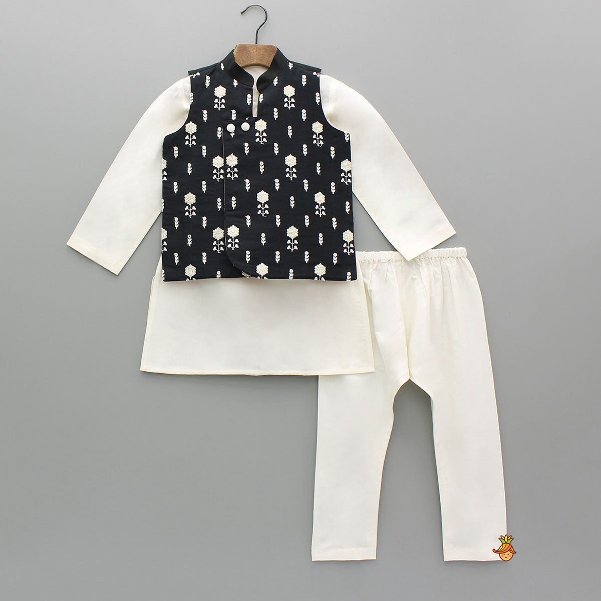 White Kurta With Asymmetric Black Jacket And White Pyjama