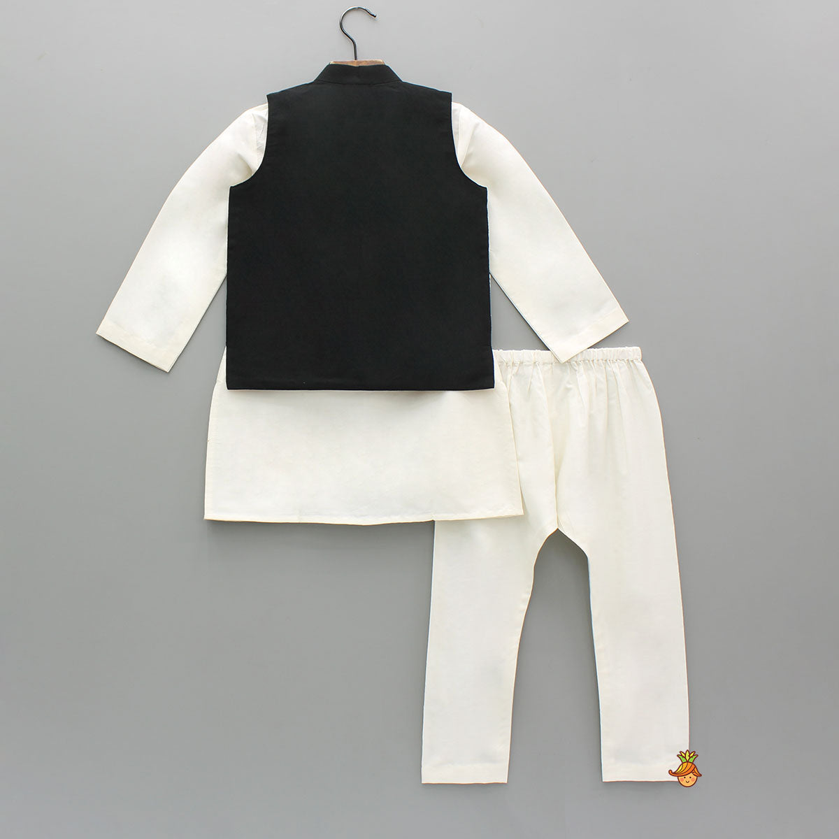 White Kurta With Asymmetric Black Jacket And White Pyjama