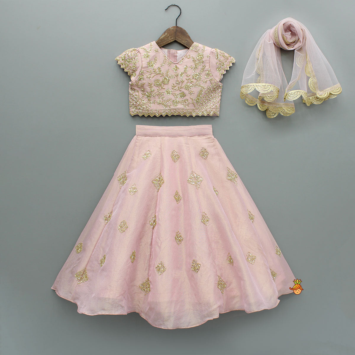 Pink Shimmery Sequin Embroidered Top With Flared Lehenga And Matching Dupatta