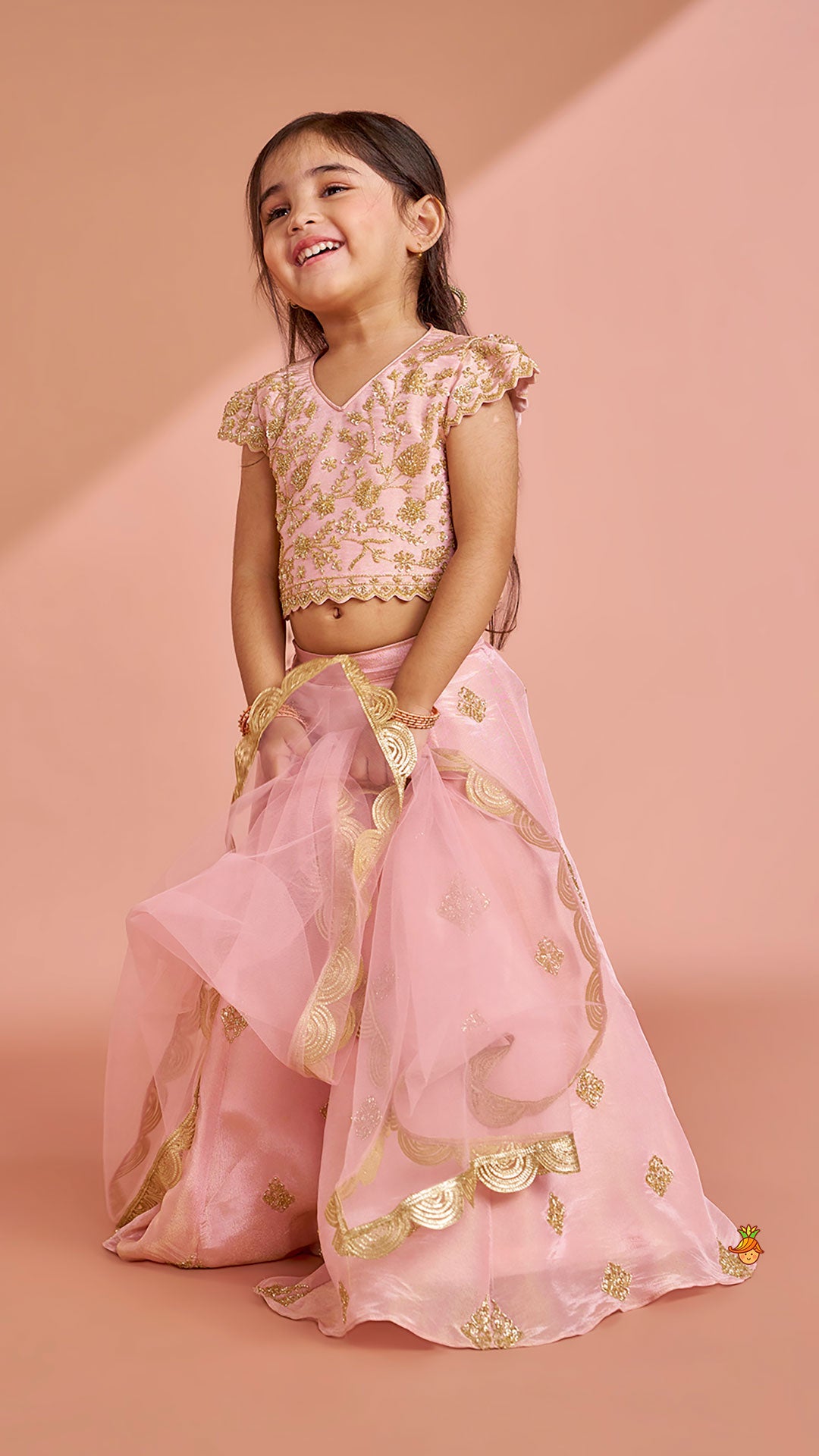 Pink Shimmery Sequin Embroidered Top With Flared Lehenga And Matching Dupatta