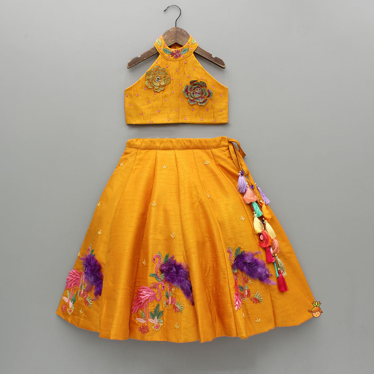 Floral Embroidered Halter Neck Top With Flared Lehenga And Bow Hair Clip With Potli Bag