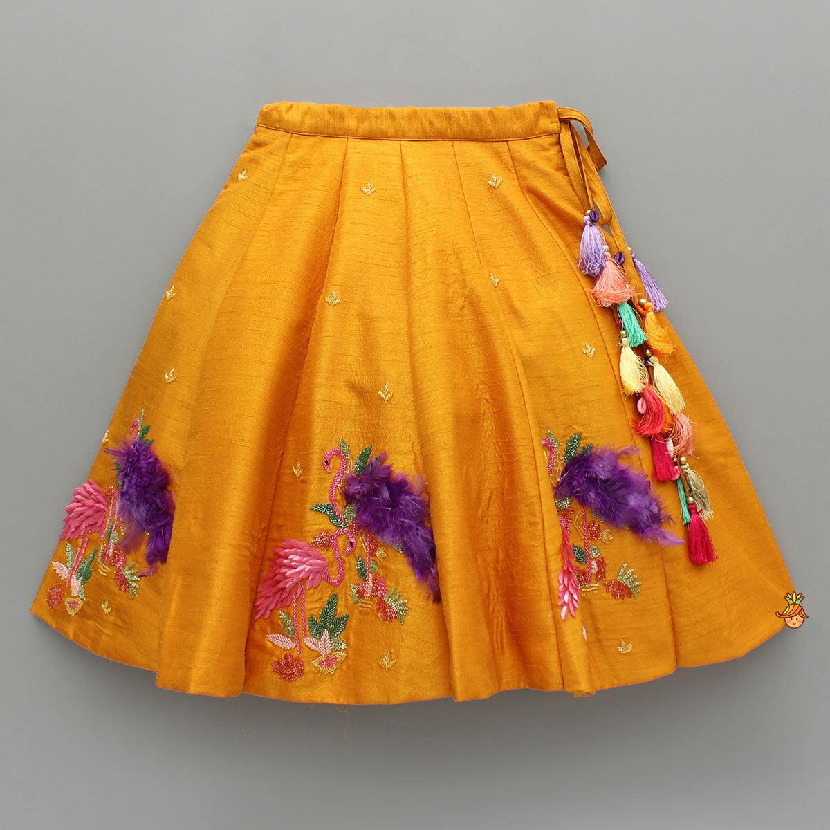 Floral Embroidered Halter Neck Top With Flared Lehenga And Bow Hair Clip With Potli Bag