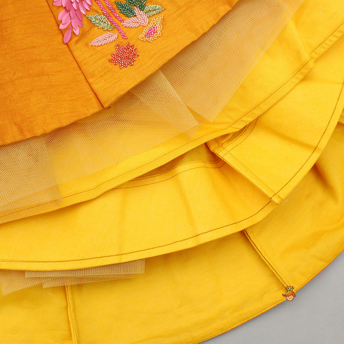 Floral Embroidered Halter Neck Top With Flared Lehenga And Bow Hair Clip With Potli Bag