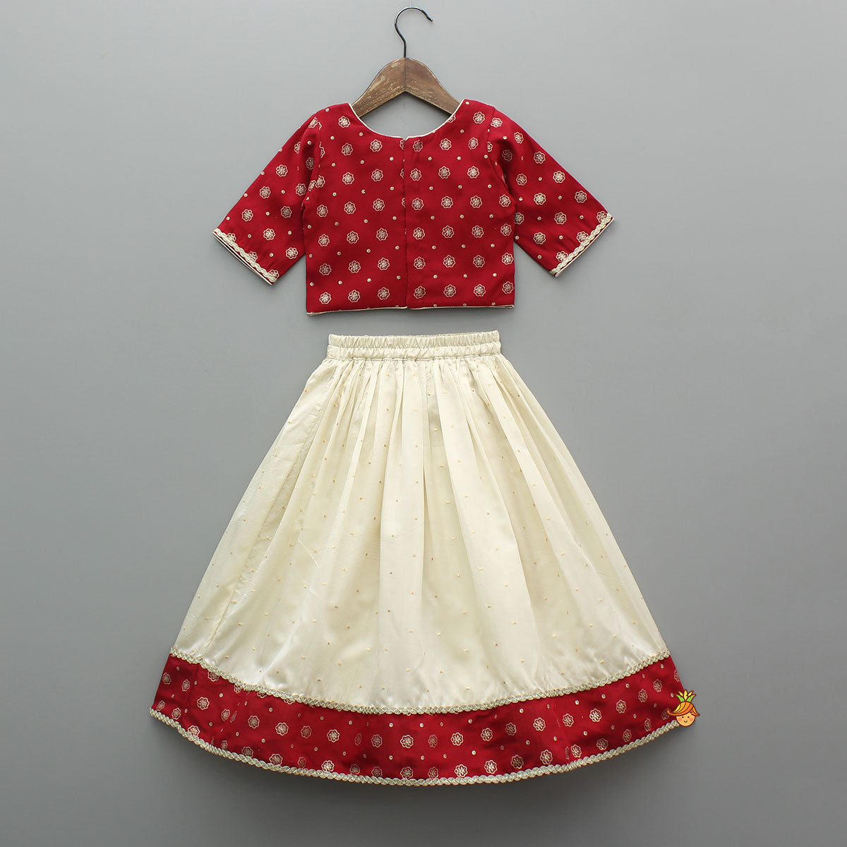 Foil Printed Red Top And Contrasting Hem Lehenga With Net Dupatta