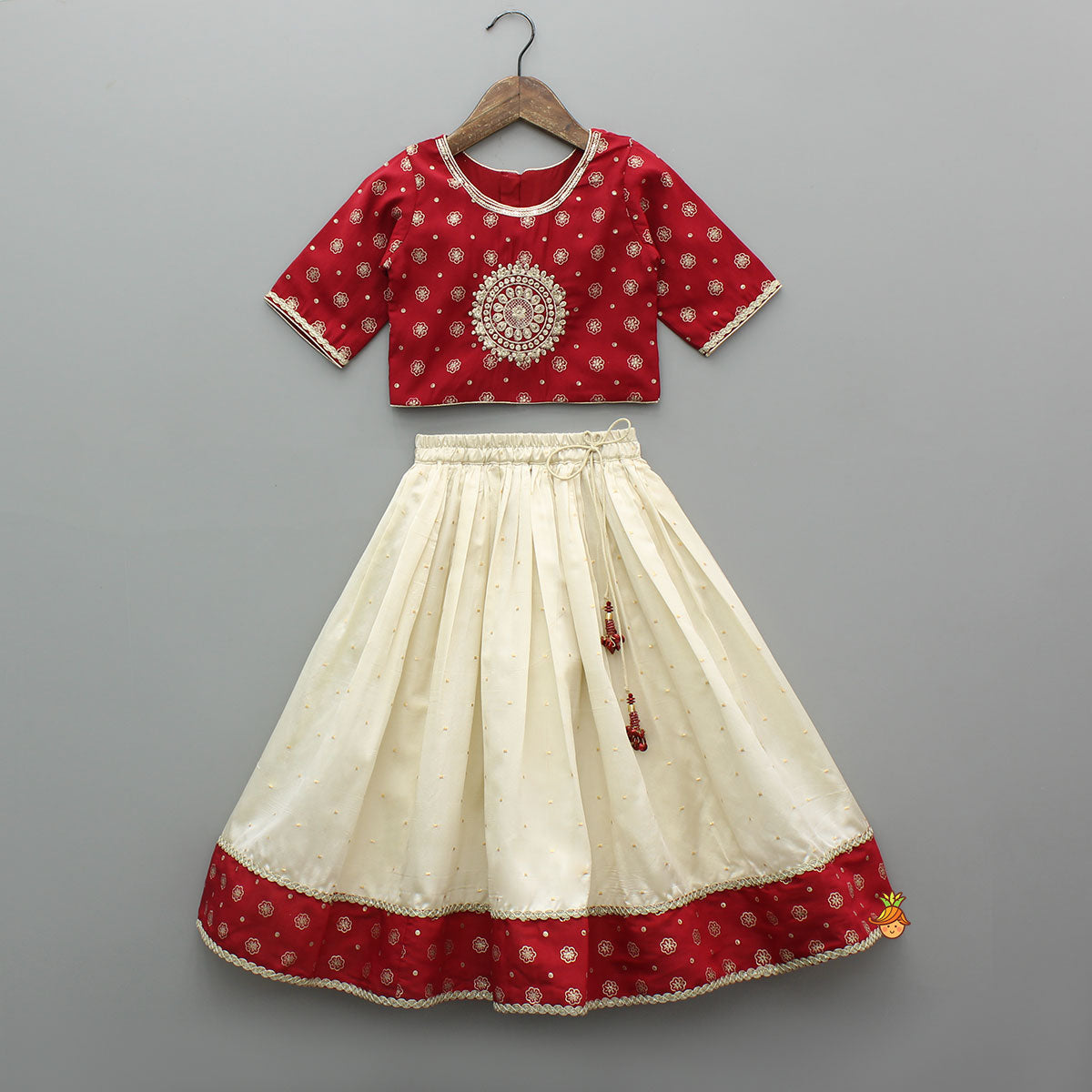 Foil Printed Red Top And Contrasting Hem Lehenga With Net Dupatta