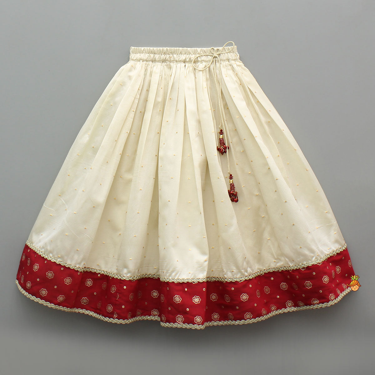 Foil Printed Red Top And Contrasting Hem Lehenga With Net Dupatta
