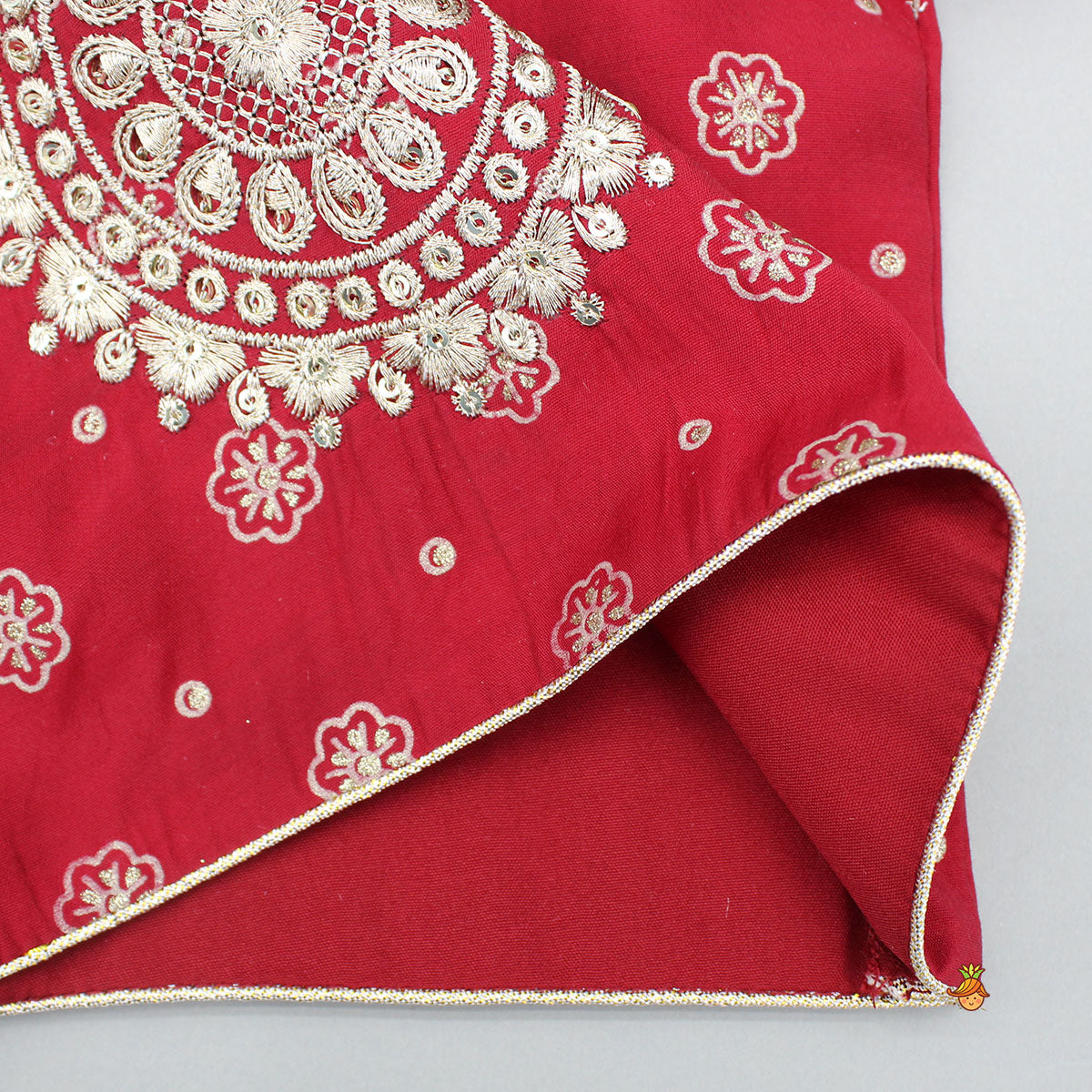 Foil Printed Red Top And Contrasting Hem Lehenga With Net Dupatta