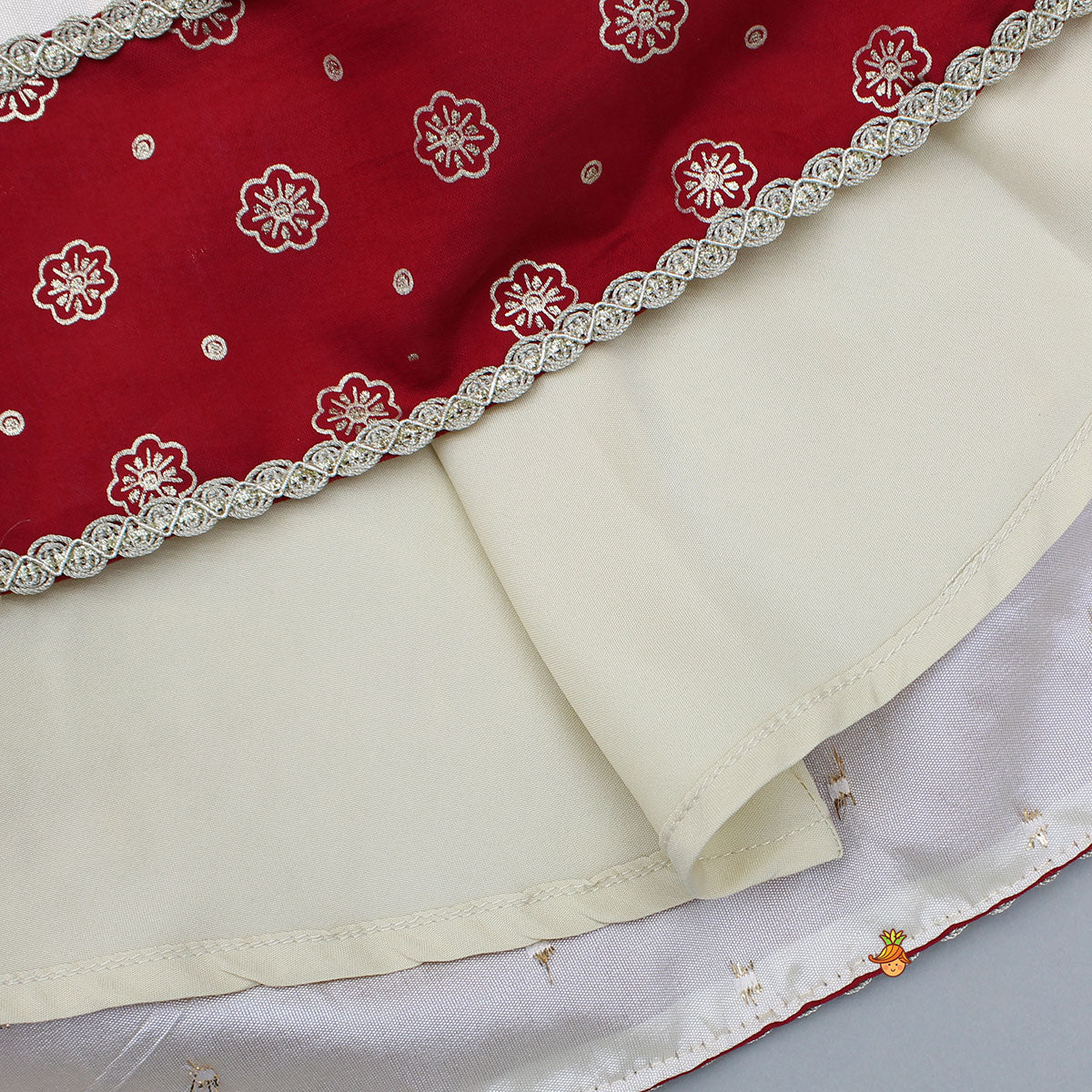 Foil Printed Red Top And Contrasting Hem Lehenga With Net Dupatta