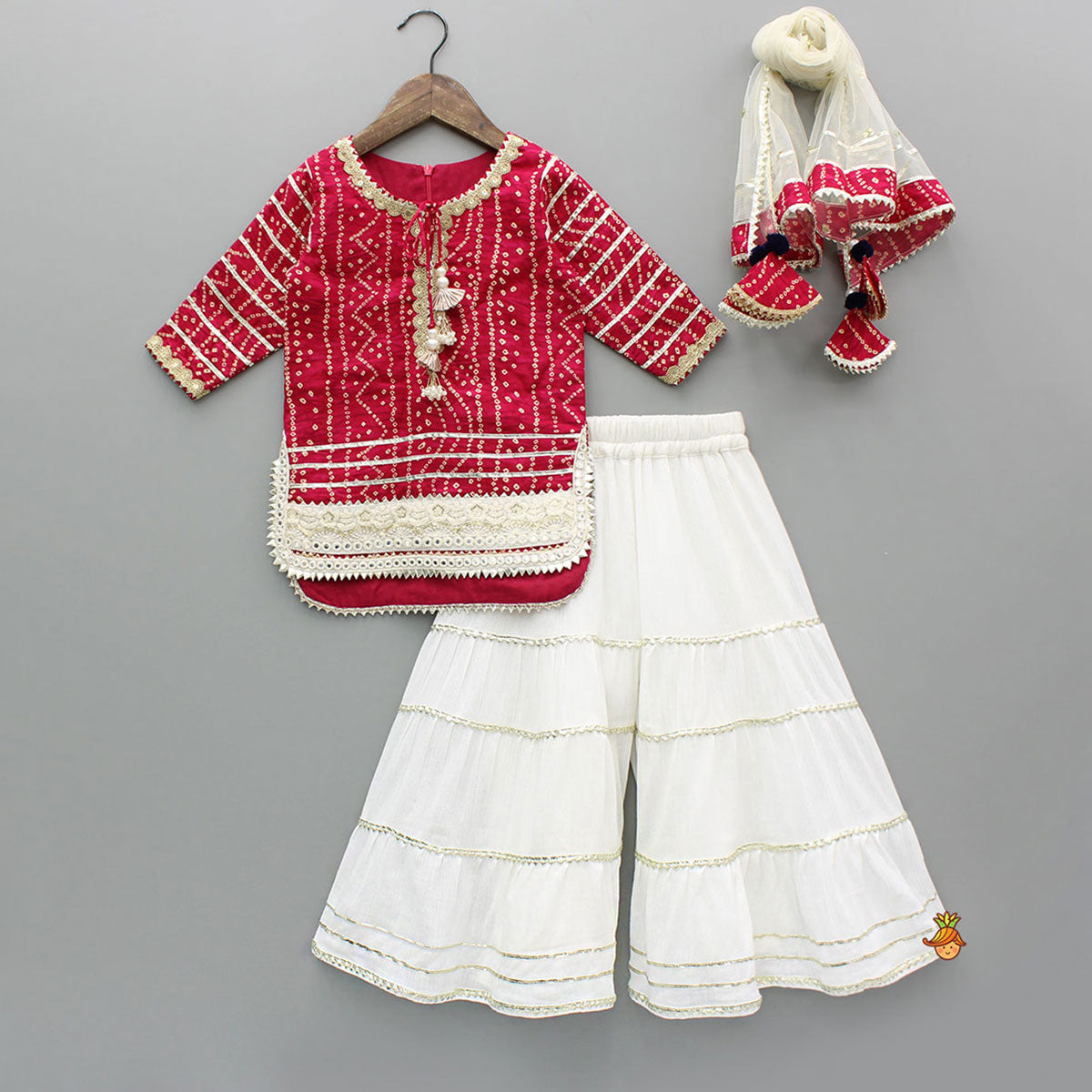 Bandhani-Printed Pink Kurti With Off-White Sharara And Net Dupatta