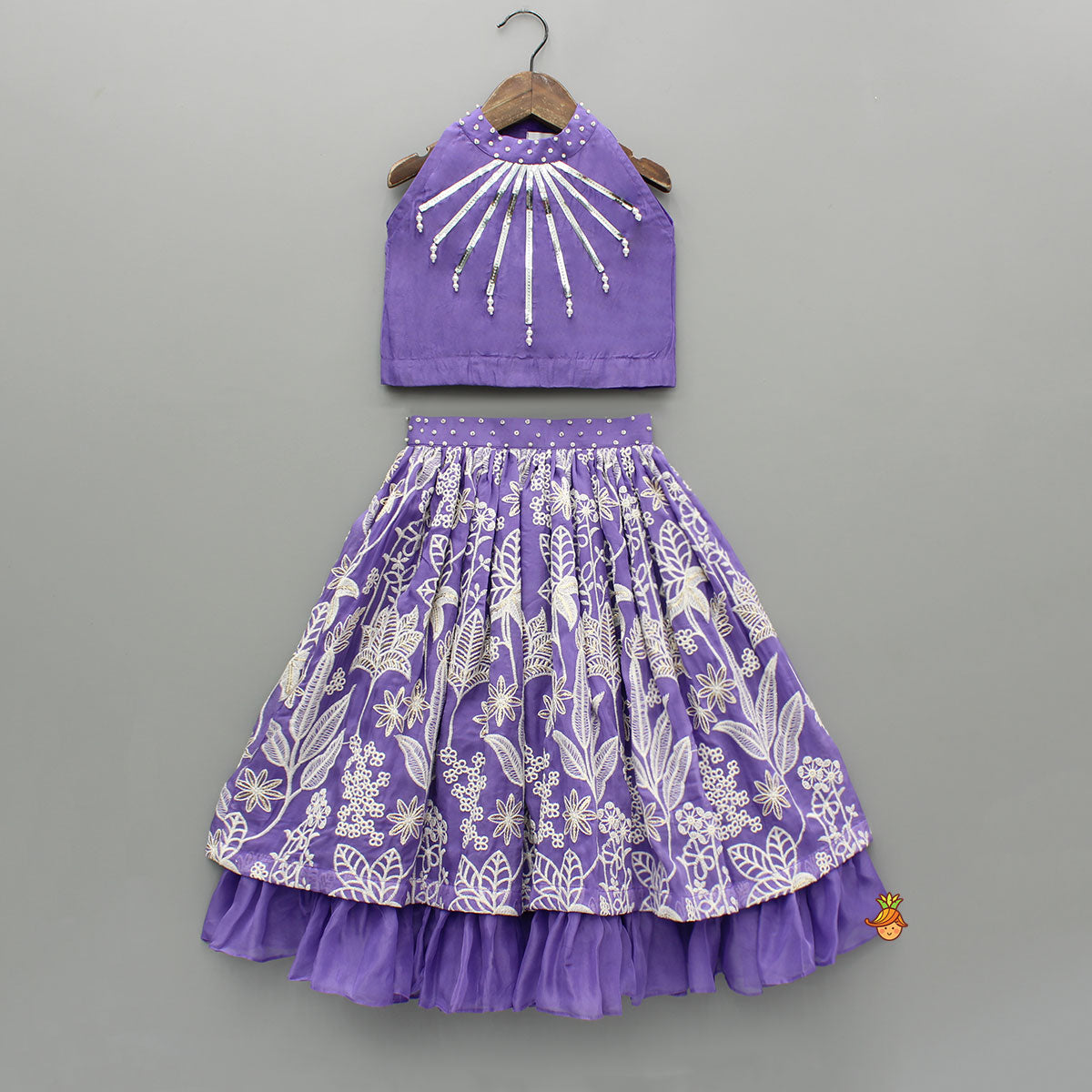 Purple Halter Neck Top And Thread Embroidered Lehenga