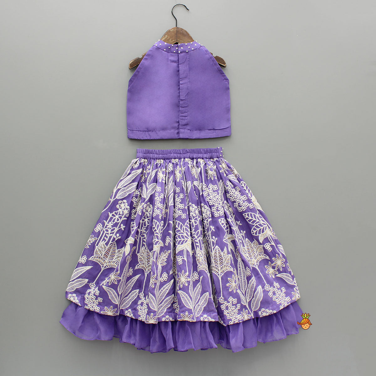 Purple Halter Neck Top And Thread Embroidered Lehenga