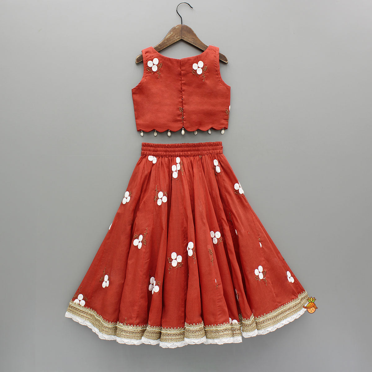 Red Floral Embroidered Sleeveless Top With Matching Lehenga