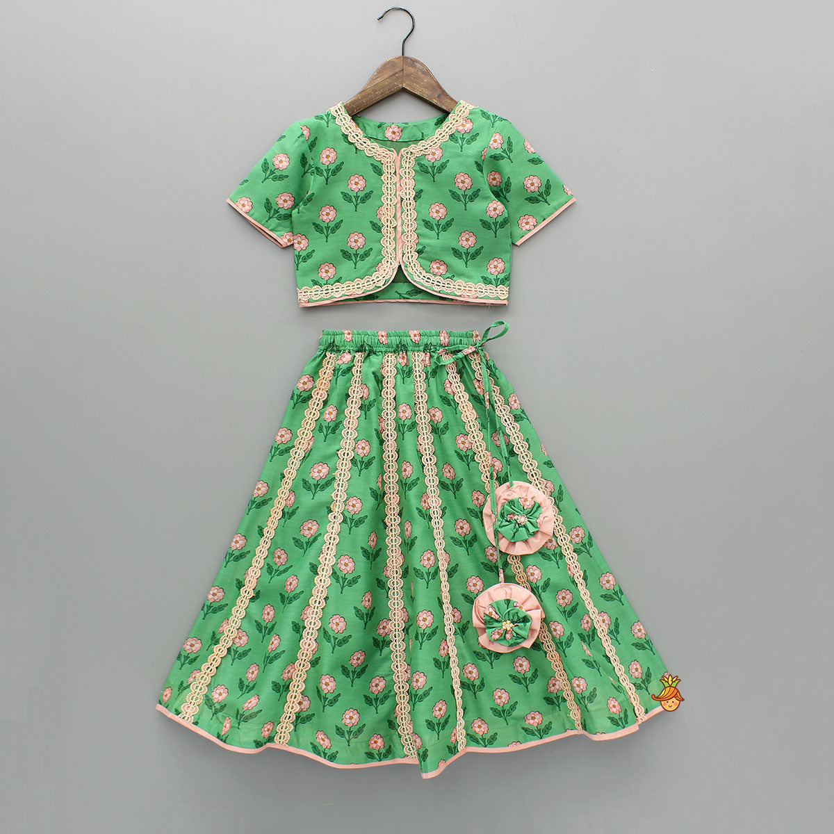 Lace Green Floral Top With Ghagra And Dupatta