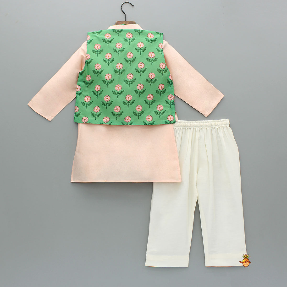 Peach Kurta With Floral Printed Green Jacket And Pyjama