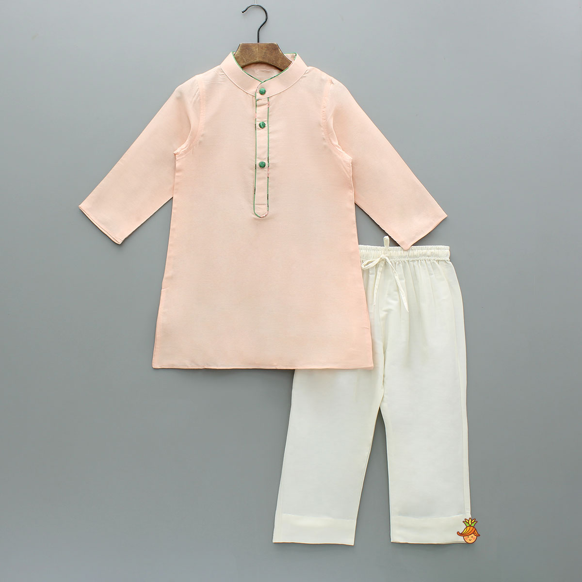 Peach Kurta With Floral Printed Green Jacket And Pyjama