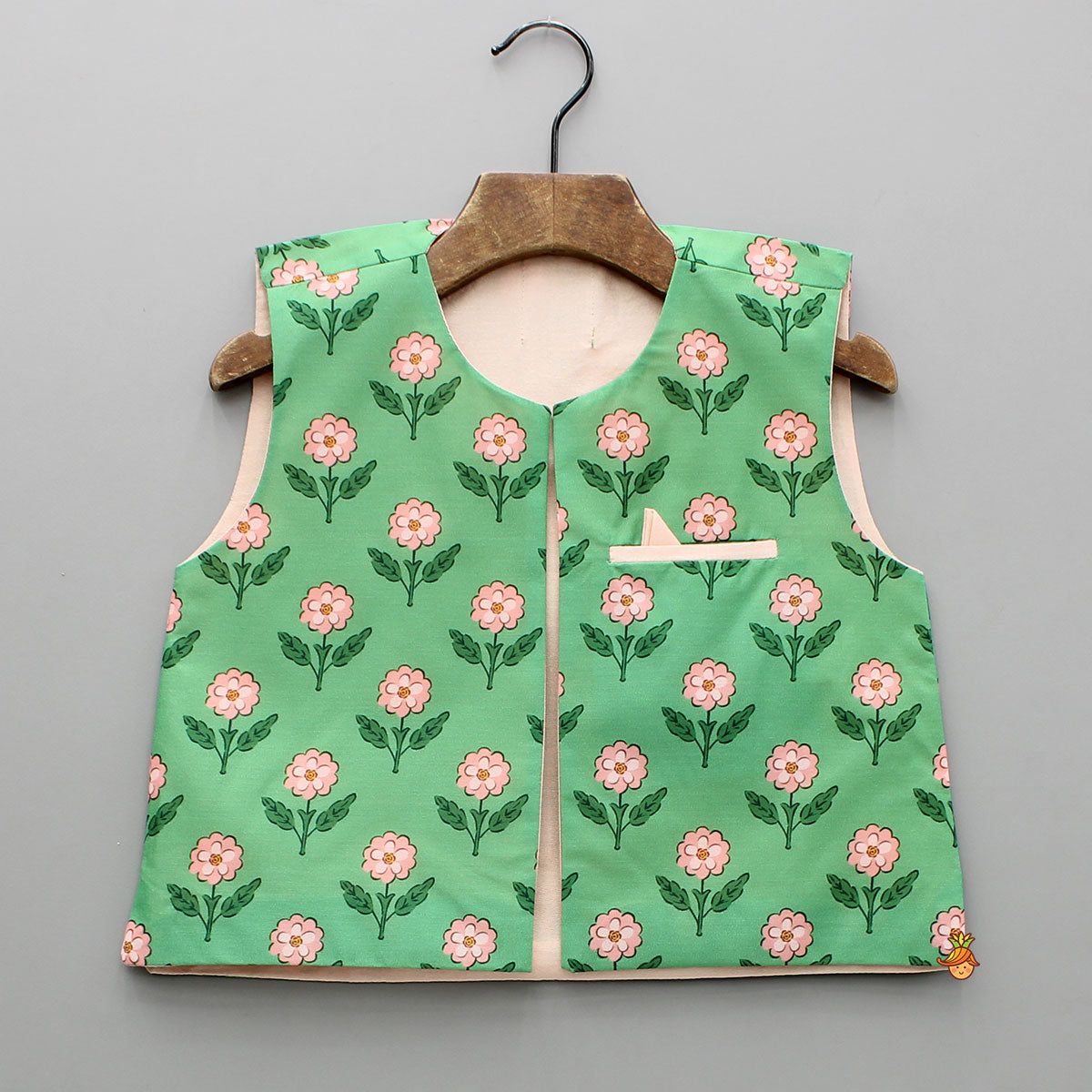 Peach Kurta With Floral Printed Green Jacket And Pyjama
