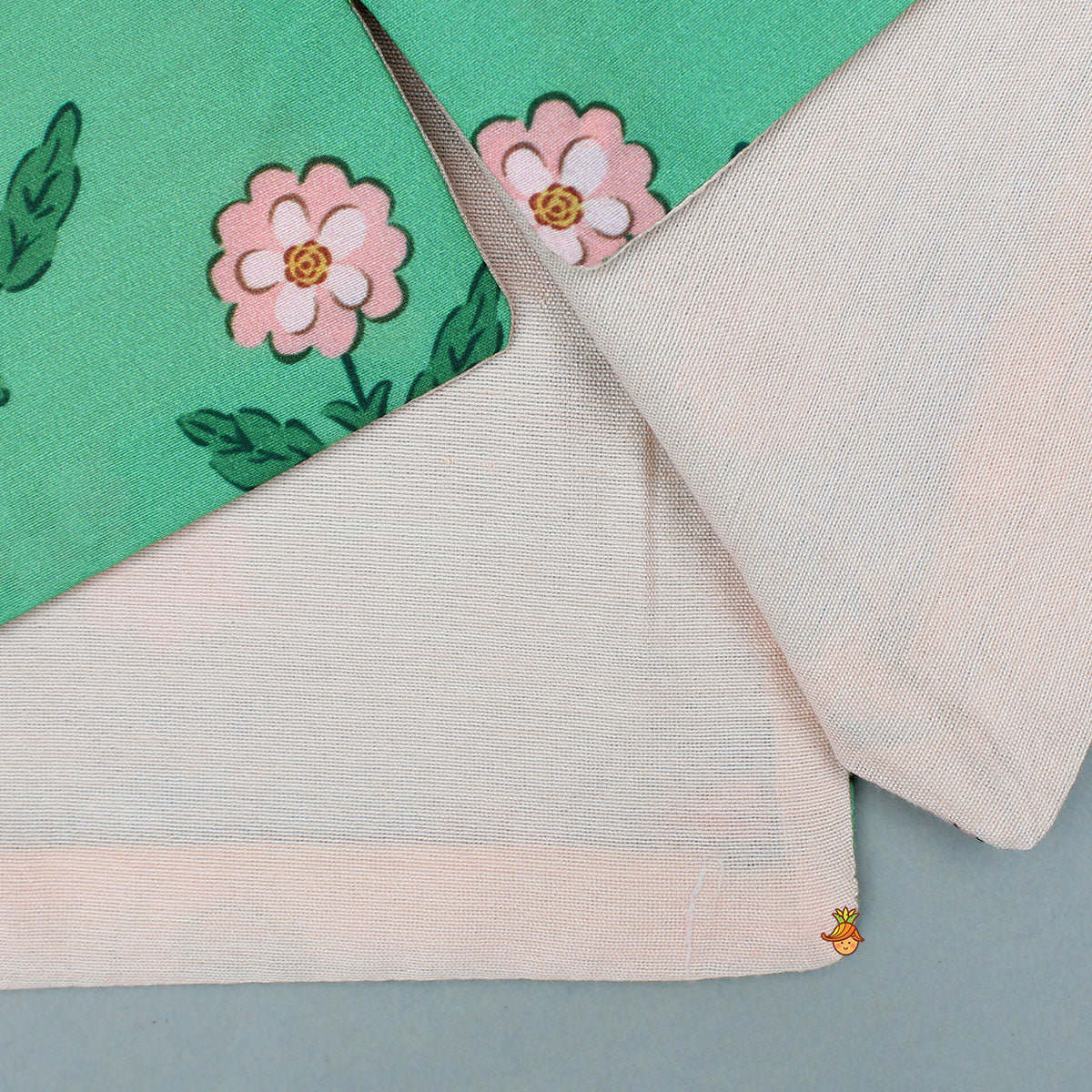 Peach Kurta With Floral Printed Green Jacket And Pyjama