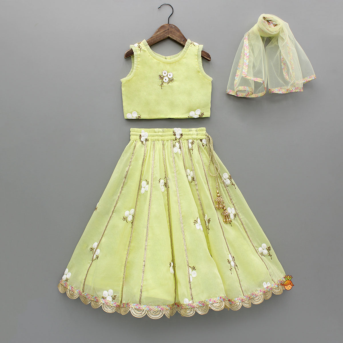 Yellow Ruffle Detailed Floral Top With Floral Embroidered Lehenga And Dupatta