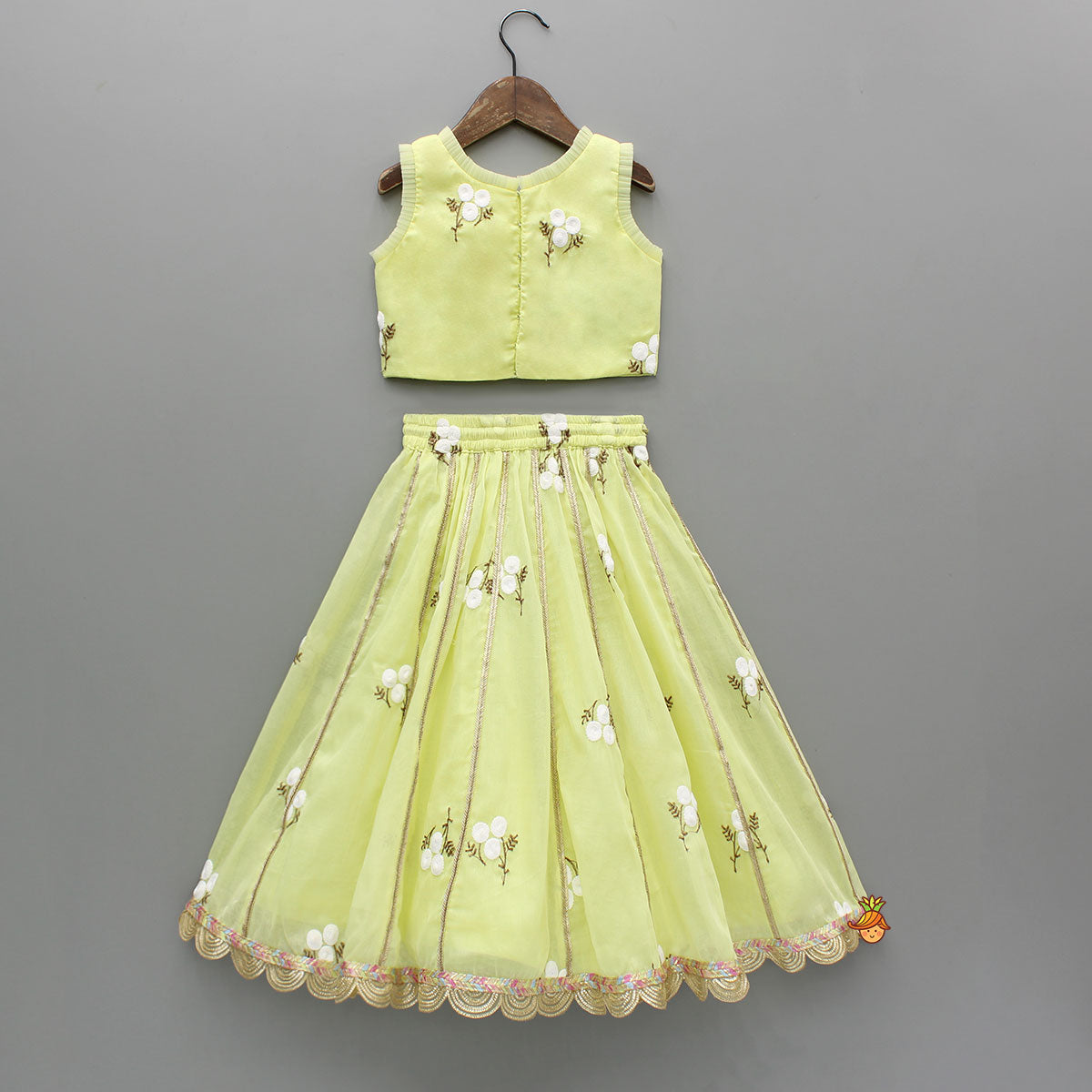 Yellow Ruffle Detailed Floral Top With Floral Embroidered Lehenga And Dupatta