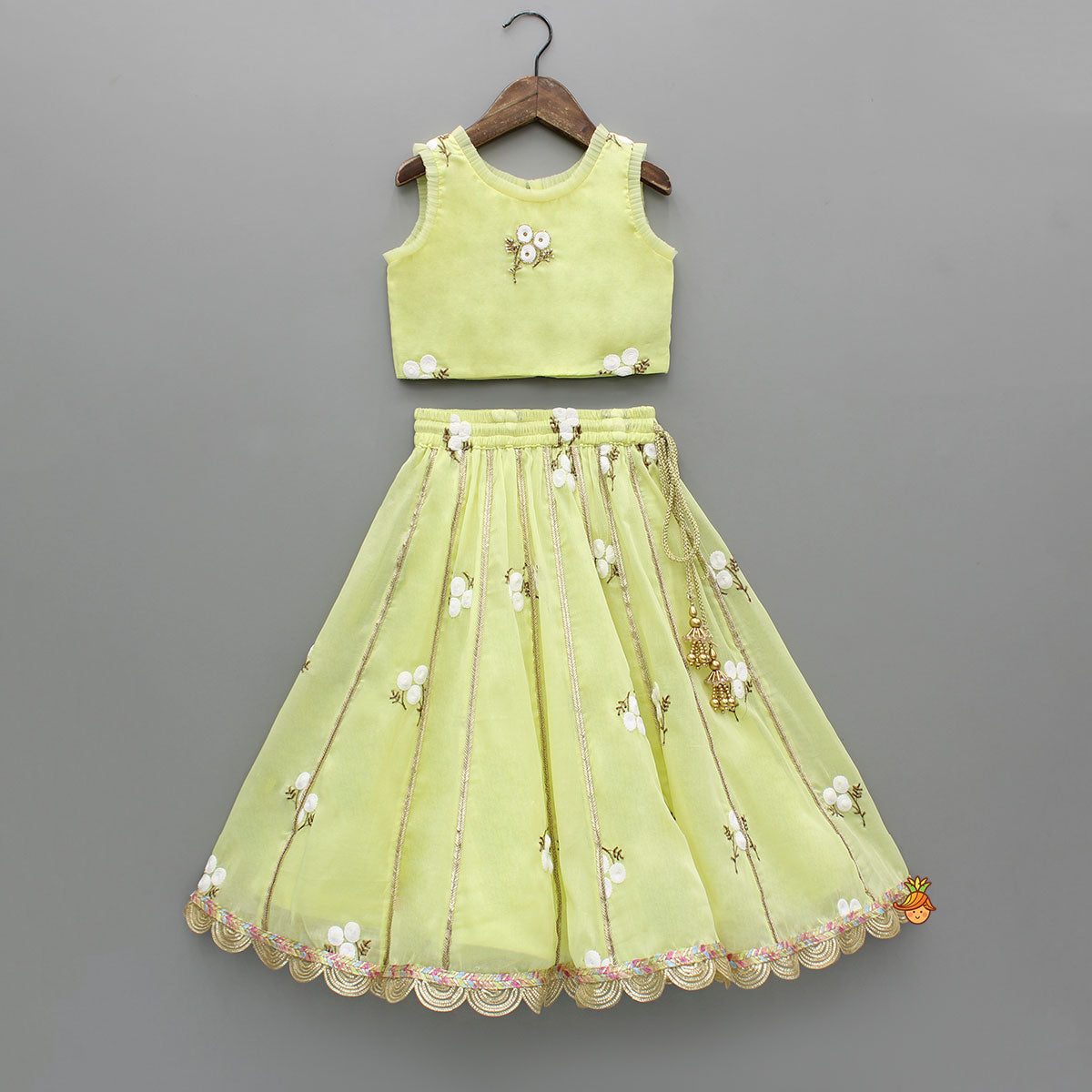 Yellow Ruffle Detailed Floral Top With Floral Embroidered Lehenga And Dupatta