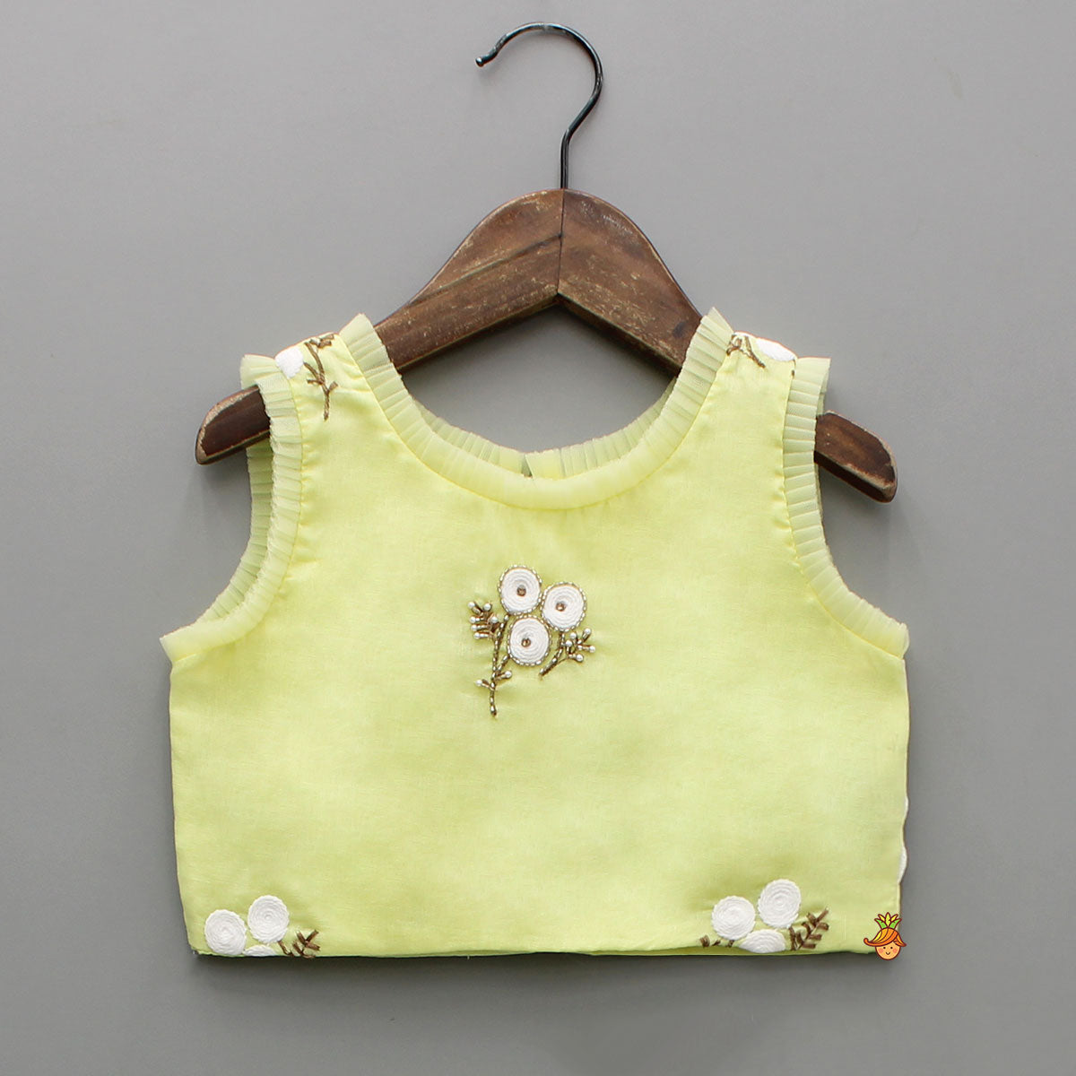Yellow Ruffle Detailed Floral Top With Floral Embroidered Lehenga And Dupatta