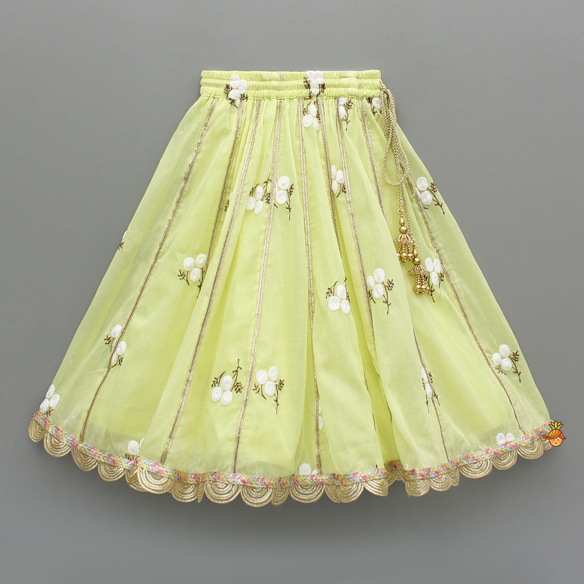 Yellow Ruffle Detailed Floral Top With Floral Embroidered Lehenga And Dupatta