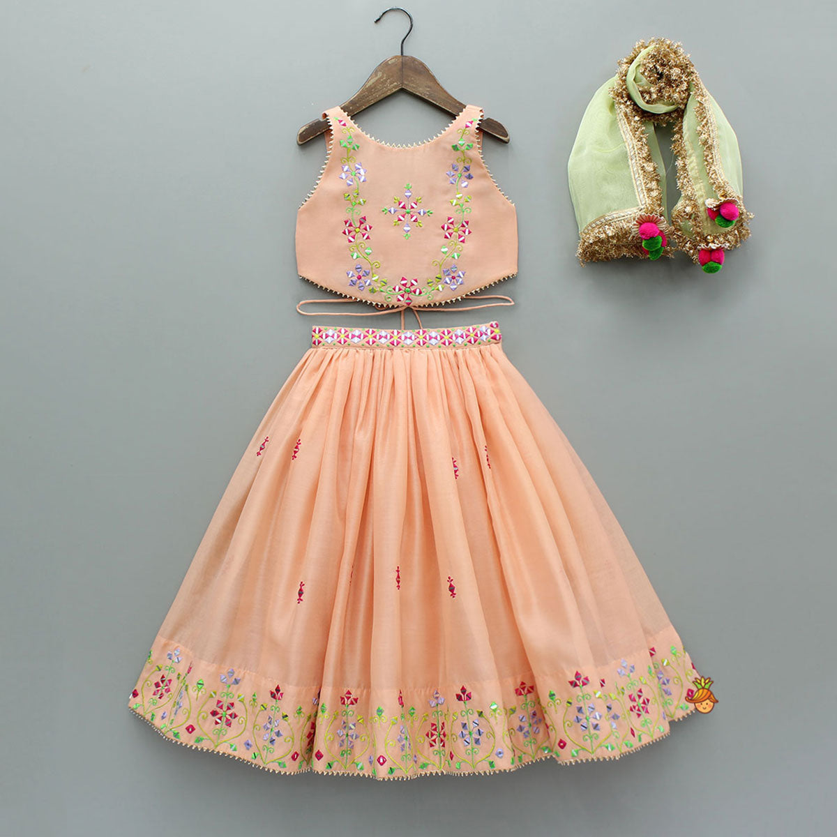 Peach Faux Mirror Embroidered Top With Matching Embroidered Lehenga And Dupatta