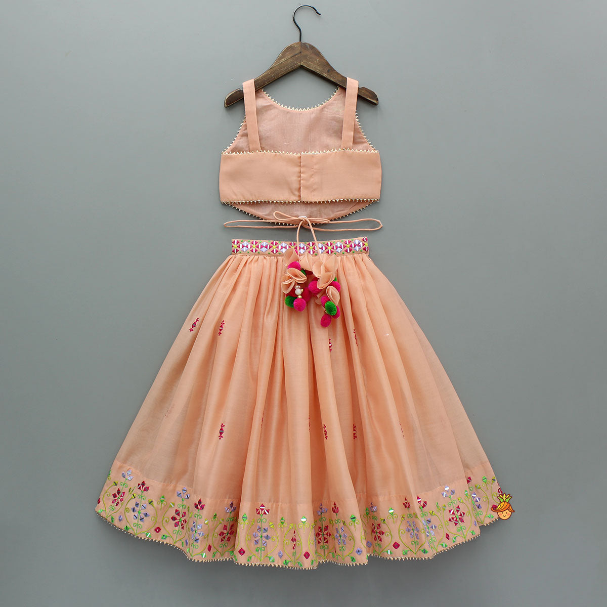 Peach Faux Mirror Embroidered Top With Matching Embroidered Lehenga And Dupatta