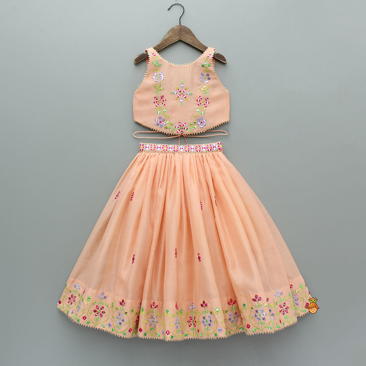 Peach Faux Mirror Embroidered Top With Matching Embroidered Lehenga And Dupatta