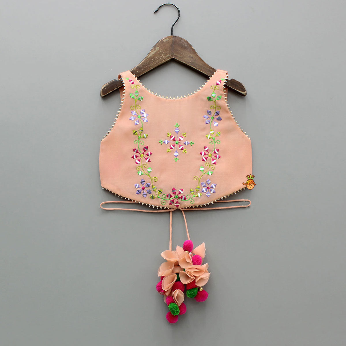 Peach Faux Mirror Embroidered Top With Matching Embroidered Lehenga And Dupatta