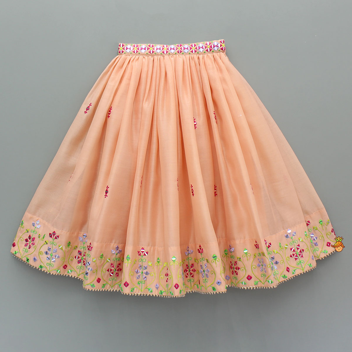 Peach Faux Mirror Embroidered Top With Matching Embroidered Lehenga And Dupatta