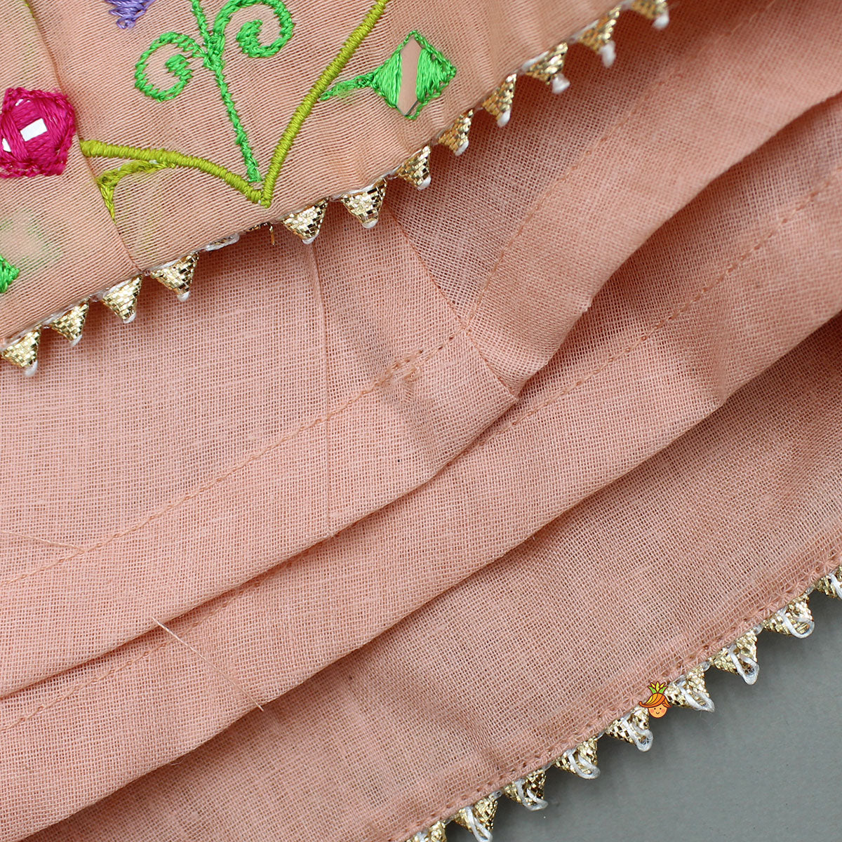 Peach Faux Mirror Embroidered Top With Matching Embroidered Lehenga And Dupatta