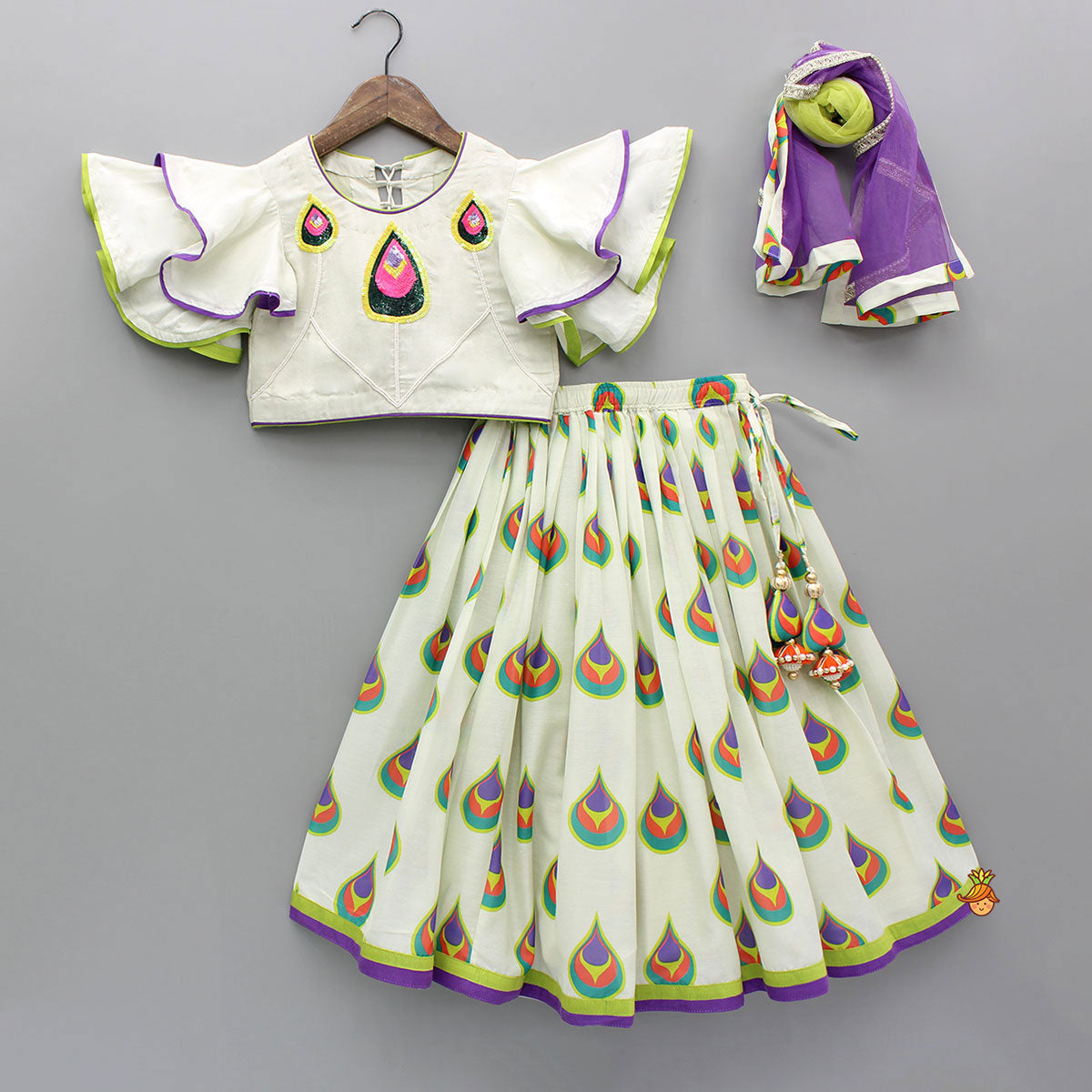 Morpankh Print Frill Top And Ghagra With Dupatta