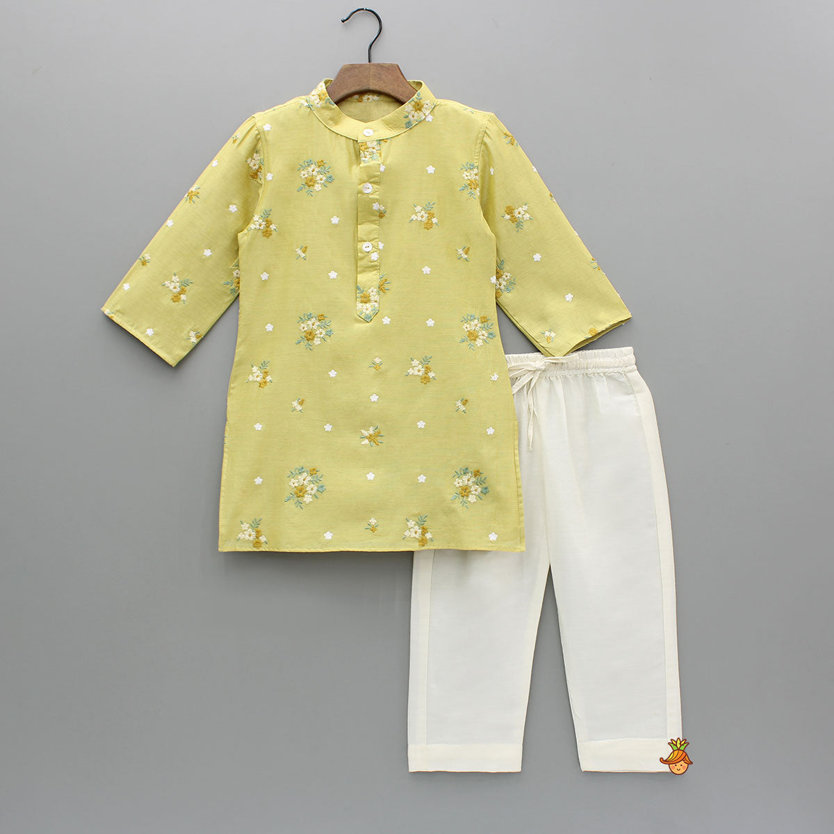 Yellow Floral Embroidered Chanderi Kurta With Pyjama