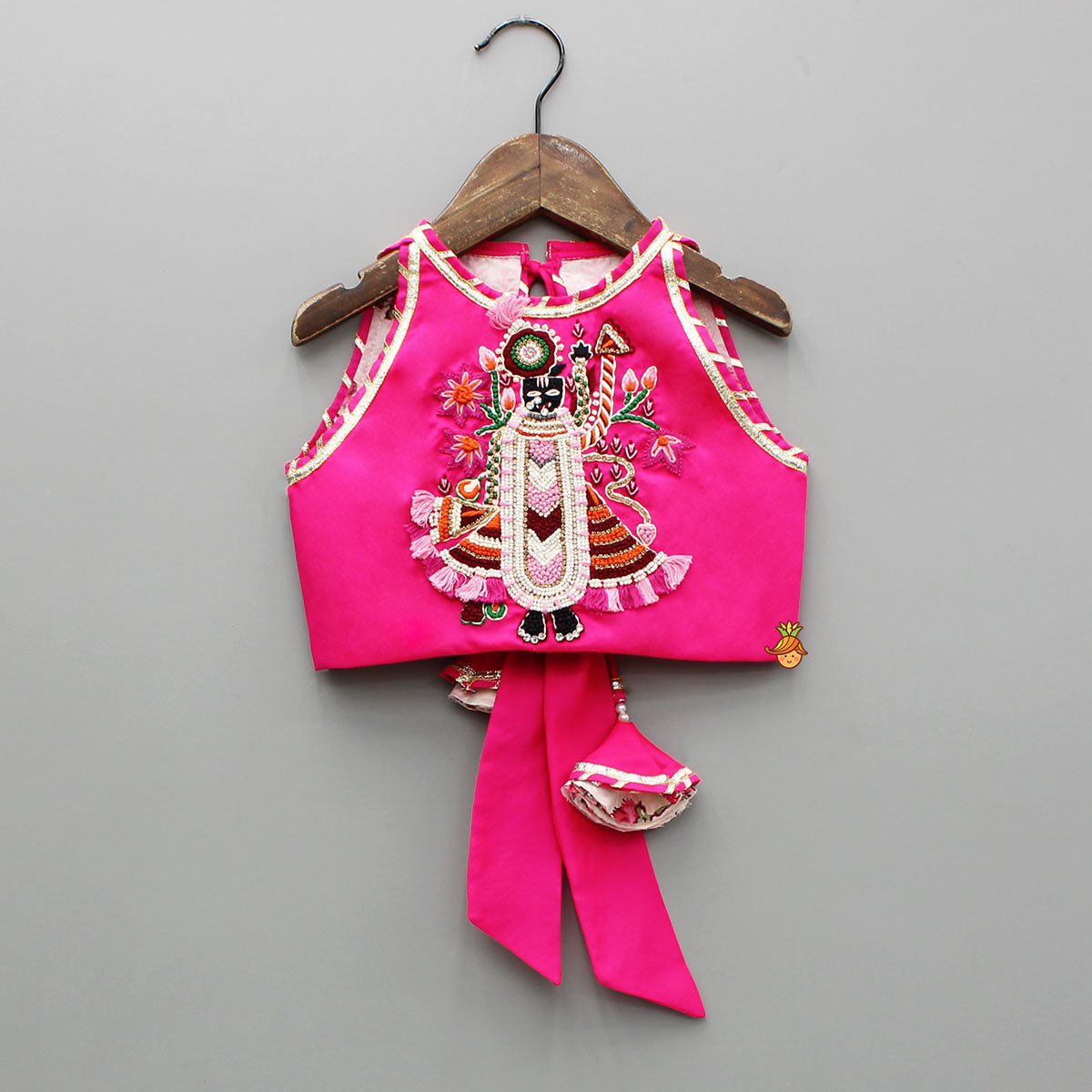 Goddess Embroidered Pink Top And Beautiful Tassels Embellished Lehenga With Matching Sling Bag