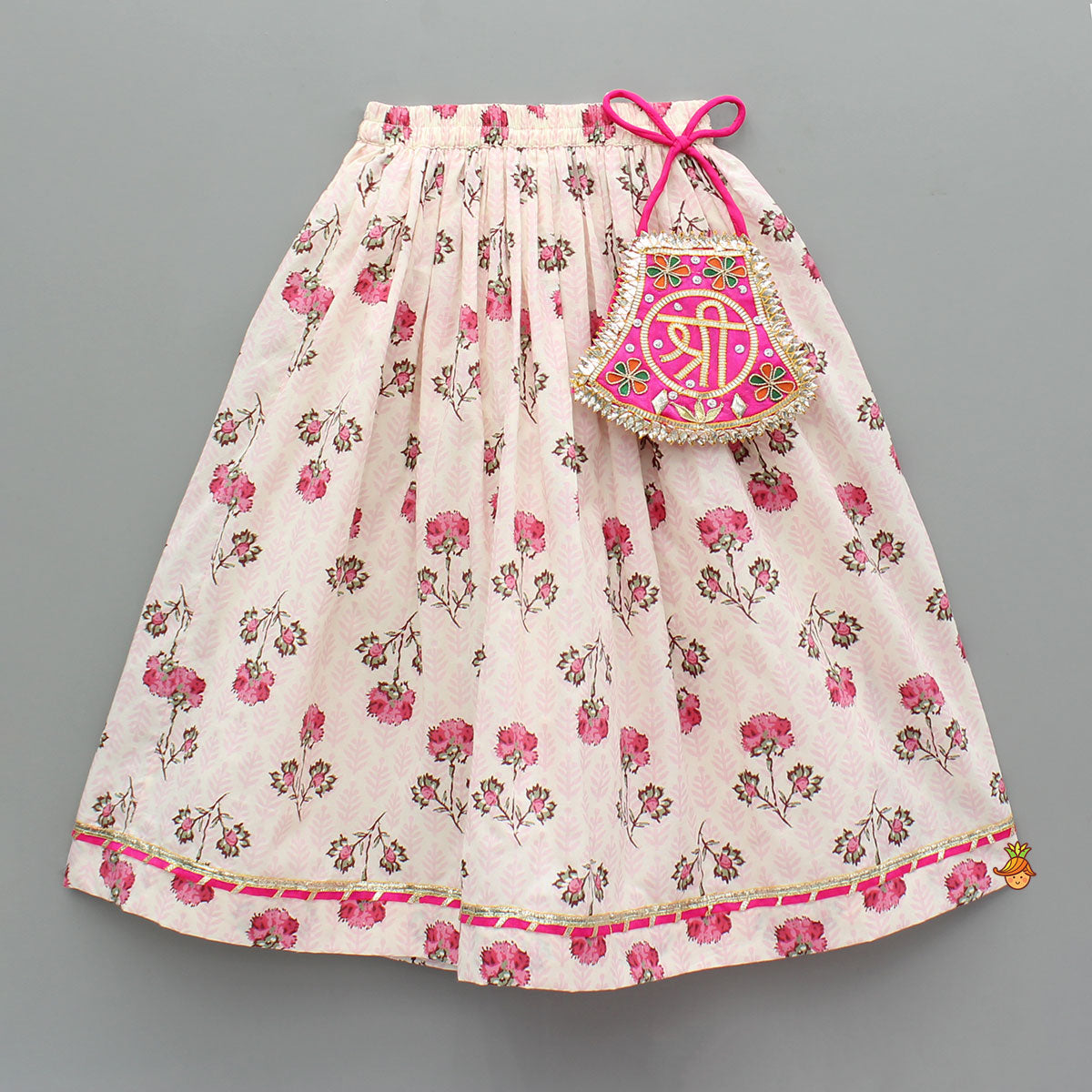Goddess Embroidered Pink Top And Beautiful Tassels Embellished Lehenga With Matching Sling Bag