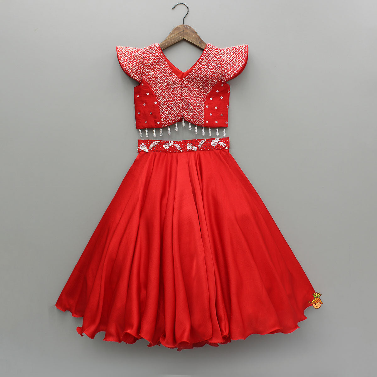 Sequin Embellished Red Top With Flared Lehenga