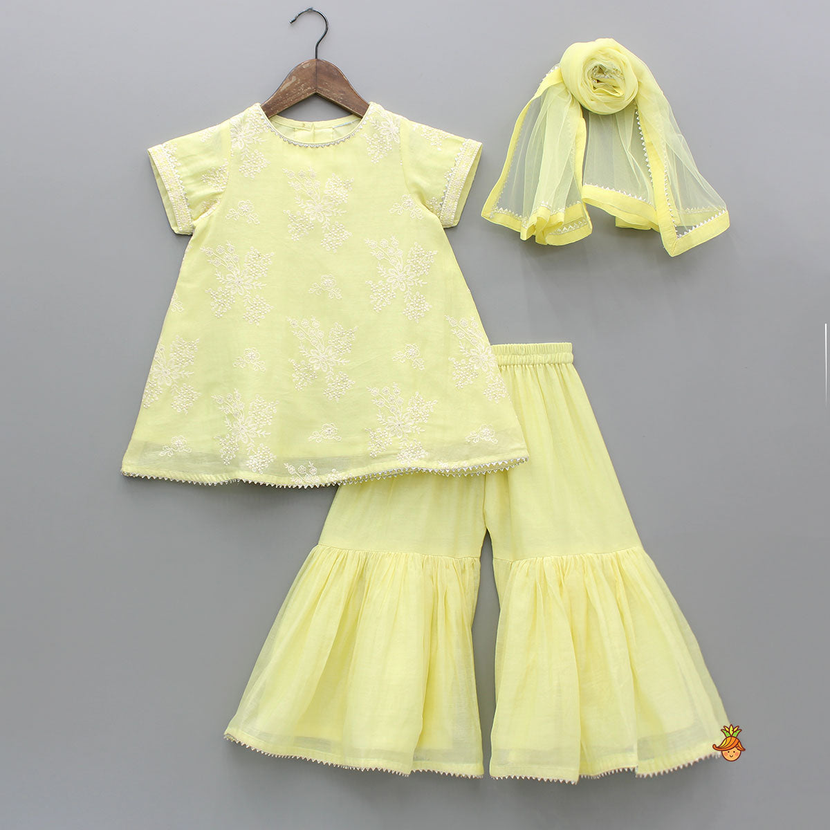 Yellow Thread Embroidered Kurti And Sharara