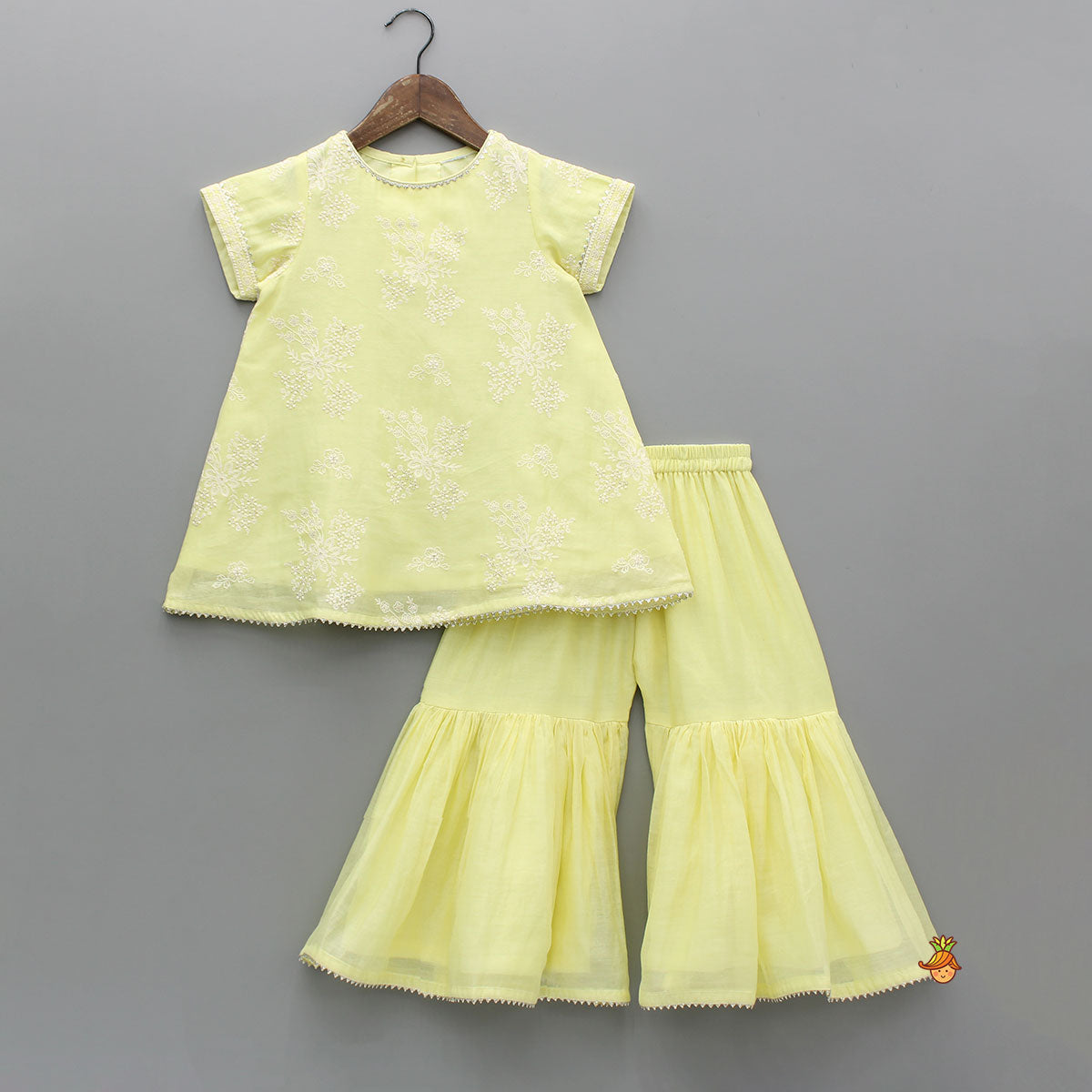 Yellow Thread Embroidered Kurti And Sharara