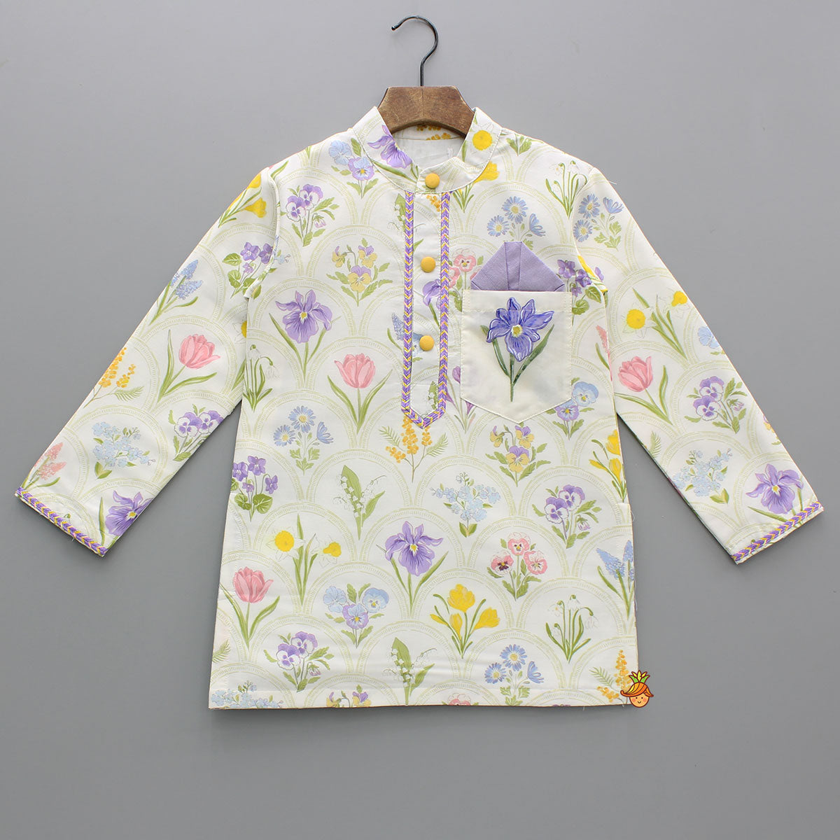 Floral Print Cotton Silk Kurta With Off White Pyjama