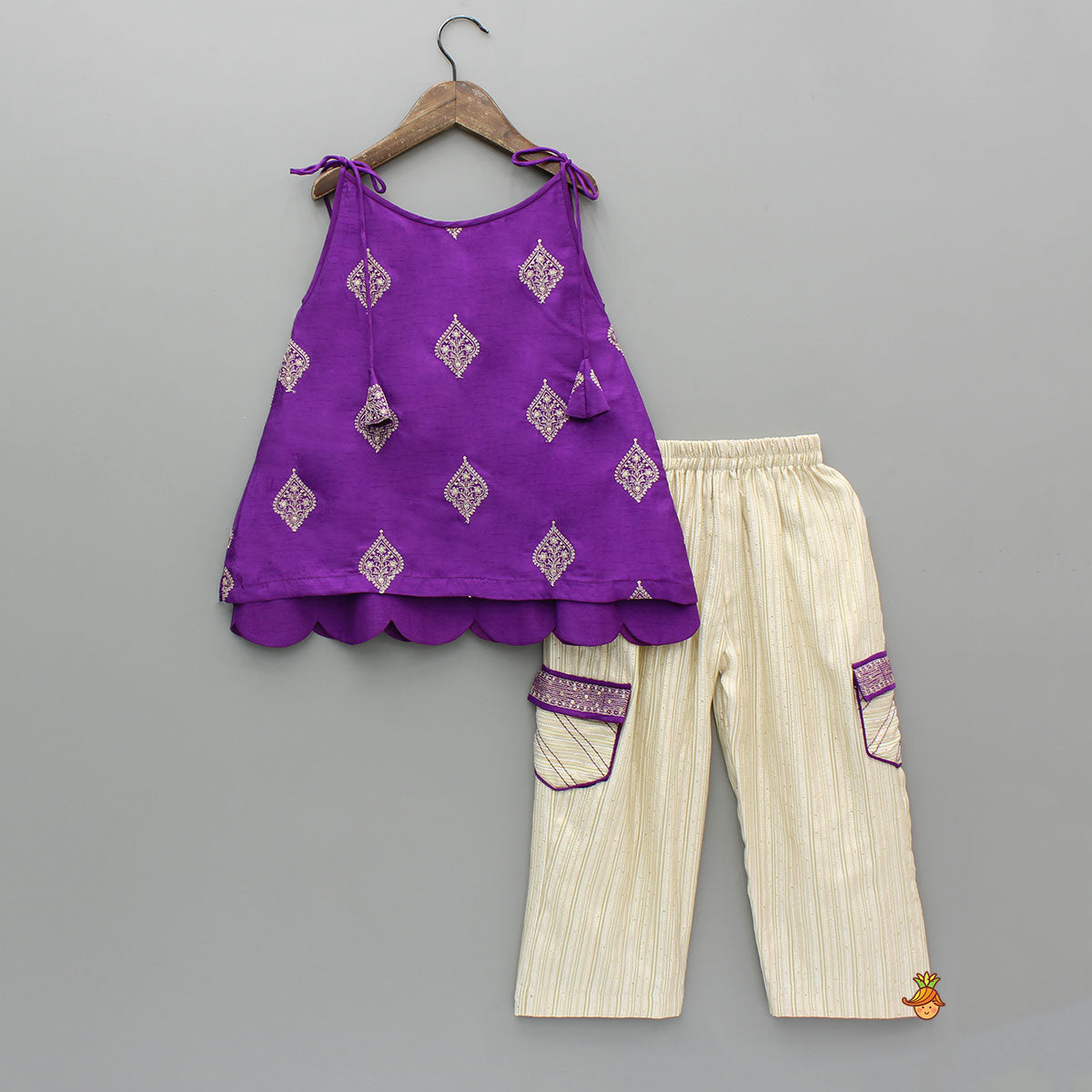 Purple Embroidered Scallop Hem Top With Sequin Striped Pants